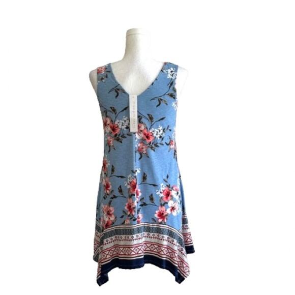 Three Pink Hearts Blue Floral Sleeveless Handkerchief Tunic Top Dress XS NEW - Picture 5 of 10